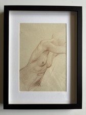 Vintage Female Nude Life Framed Drawing – Classical Red Chalk Art Study