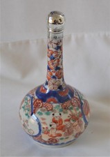Antique Japanese Imari Porcelain Long Neck Bottle British Sterling Silver Top