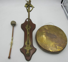 Brass Dinner Gong Mallet & Brass & Wood Wall Mounted Hanger
