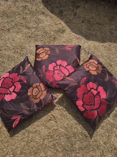 Brown silk floral cushions - brown,