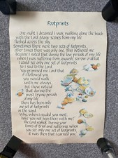 Vintage 1980s Mary Stevenson 'Footprints in the Sand' Christian poem poster