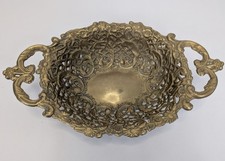 Vintage Pierced Brass Fruit Bowl Ornate Dish 13in Long Ap1