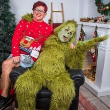 Green Furry Monster Grinch Costume Cosplay Santa Suit Xmas Men Boys