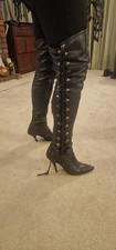 Vintage black leather zip and lace over knee thigh boots UK 6-7 / EU 40