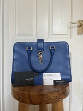 Authentic Saint Laurent YSL Medium Cabas tote blue leather Gold Hardware
