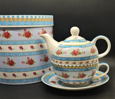 Waterside Fine China Tea For One stacking Teapot, Cup & saucer Blue, Pink Roses