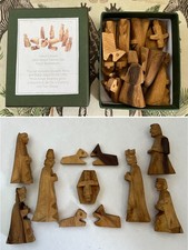 Boxed, Vintage Small Hand Carved Olive Wood Nativity Manger Scene Figures Set