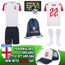Personalised Kids White England Style Football Kit - Shirt Shorts Bag & Socks