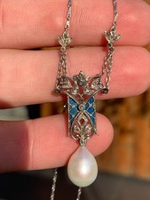 18ct gold diamond baroque pearl enamel pendant necklace