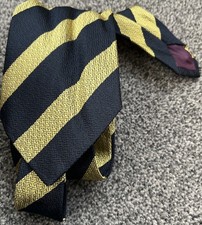 Mens All Silk Made In England Navy Blue Yellow Striped Vintage Tie 3.5" Wide