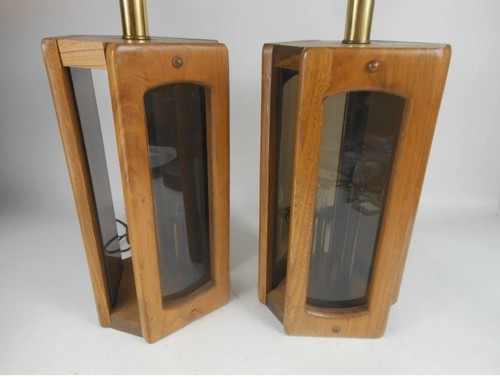 Pair vintage teak lamps - lamps, w