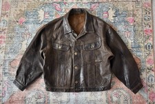 Vtg Chevignon Brown Leather Trucker Jacket Coat L