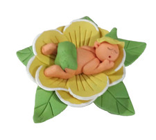 Baby on Flower Clay  Figurine  baby shower cake topper Yellow & Green