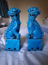 VINTAGE PAIR OF CHINESE TURQUOISE GLAZED CHINA FOO DOGS  20CM  DOGS OF FU