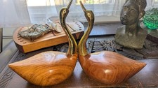 vintage wood and brass pair birds swans ducks mid century style 