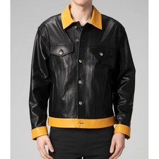 Men's Black and Yellow Denim Trucker Lambskin Leather Jacket denim Western Style
