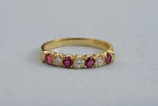 1978 LD 18CT YELLOW GOLD OLD CUT RUBY BRILLIANT DIAMOND BAND RING 2.9g - SIZE O
