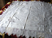 Vintage antique lace table cloth hand crochet edges inset corner open work 48"