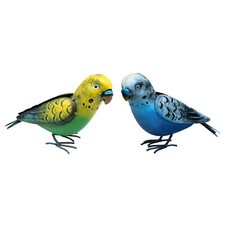 Pair of Primus Lifelike Small Metal Budgies Blue & Green Outdoor Garden Ornament