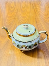 Vintage Gibsons Staffordshire Teapot – Green & Gold Retro Floral – c.1950s-1960s
