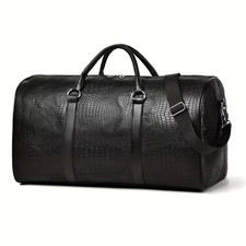 Crocodile-Textured Leather Duffel Bag Retro Travel Luggage Tote for Men & Women