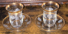 Pasabahce Turkish Tea Glass & Saucer x 2 Cut Glass Gold Decor