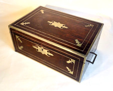Antique Rosewood Brass Inlaid Writing Box or Campaign Lap Desk. Secret Drawers.