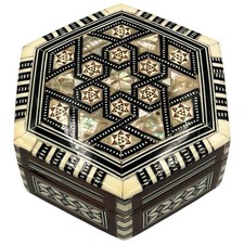 Vintage Intricate Mother Of Pearl MOSAIC Inlaid Marquetry Wood Wooden BOX