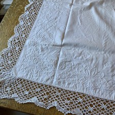 White Cotton Hand Embroidered Lace Edged Tablecloth Vintage Wedding Cake Table