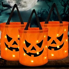 LED Light Up Halloween Pumpkin Candy Bag Trick Treat Tote Kids Party Bucket