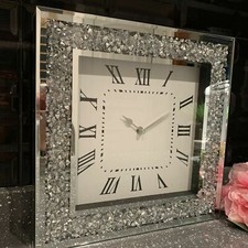 Large crushed jewel mirror wall clock Roman numbers diamante glass clock 45cm