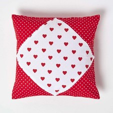 Red White Hearts & Polka Dots Cushion Cover 18x18" Cotton Sofa Pillow Washable