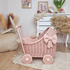 Wicker Doll Cart Pink With Bedding, Doll Stroller 1-3 Years