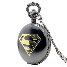 Superman Logo Novelty Themed Grey Quartz Pocket Watch On 32" Inch / 80cm Chain