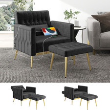 Velvet Armchair Chair and Ottoman Set with 2 USB Modern Armchair with Footstool