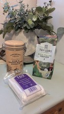 Biscuit Cylinder Tin, Taylor's Ground Coffee And Disposable Teaspoons