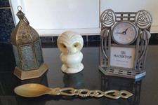 Collectibles Small Lantern, Mackintosh Photo Frame, Brass Love Spoon, Stone Owl