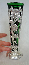 STUNNING ART NOUVEAU 1903 SOLID SILVER PIERCED & GREEN GLASS FLOWER / BUD VASE