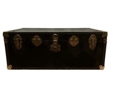 Vintage Black Steamer Trunk with Brass Hardware & Checked Interior
