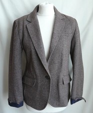 JOULES Brown Herringbone Tweed Look Cotton Jersey Jacket Size UK 12 Horse Lining
