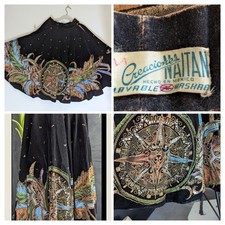 Vtg 1950s Handpainted Naitan Mexican Circle Skirt Black Velvet Sequins Mayan Sm