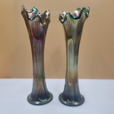 Pair Fenton Carnival Glass Amber Iridescent Diamond Rib Swung Vase 30cm Large 