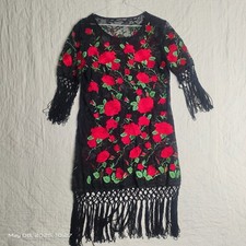 Black Red Rose EMBROIDERED Floral Flapper  Dress Fringe Size L