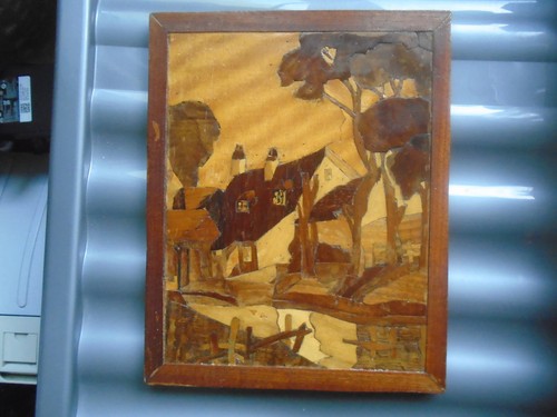 Vintage marquetry wood plaque - marquetry,