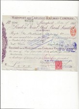 Maryport and Carlisle Railway receipted cheque 1912