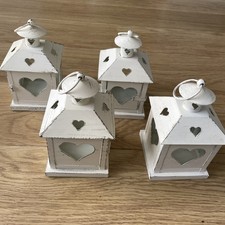4x Hanging Lantern Distressed Off White / Cream Metal Heart Tea Light Holder