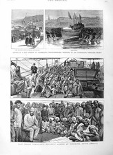Original Old Antique Print 1884 Indian Imigrants America Lifeboat Cullercoats