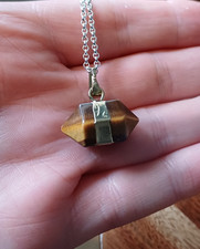 Tigers Eye Double-Point Wand Pendant with Silver 925 Chain Lobster Clasp