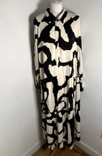 H&M pattern print shirt maxi dress XL VGC button front midi cream black A line