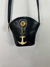 Vintage Harrods Black Anchor Chain Crossbody Bag Nautical Gold Charm 80s 90s